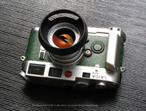 Top view in black backgrounf of a Leica M6 Chrome, Colombo '92 Special 500th Anniversary Edition rangefinder camera model with Summicron-M lens