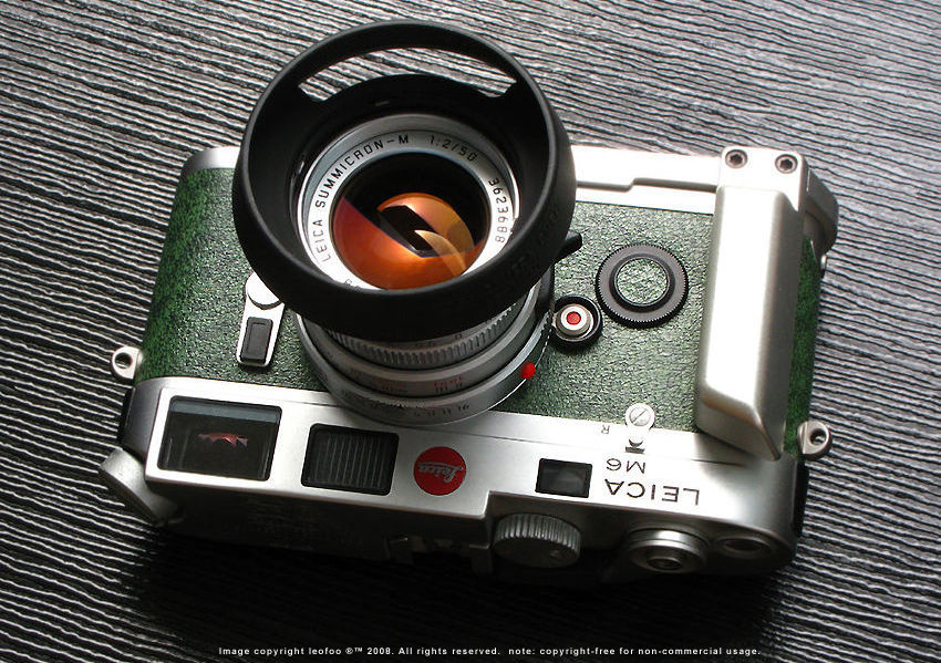 Leica M6 Chrome Colombo '92 Special 500th Anniversary Edition collectible rangefinder camera with Summicron-M 1:2/50mm Colombo Edition lens hood and chrome Hand grip EDIZIONE LMITATA PER POLYPHOTO SPA, ITALIA
