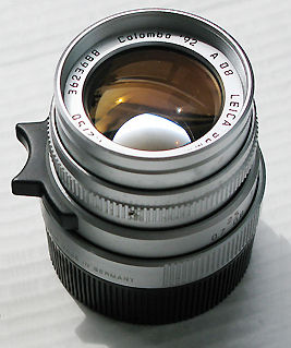 Side view of a Leica Summicron-M 1:2/50mm Special Colombo '92 collectible edition with engraved lens data 