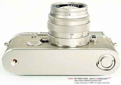 Base plate and bottom section of Leica M6 Platinum edition model with Summilux-M Platinum plated 50mm lens