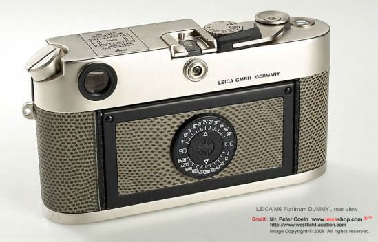 Rear section of a Karung leathered LEICA M6 Platinum Dummy rangefinder camera, 1989