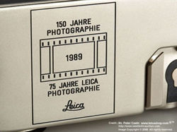 The engraved 150/75 Jahre on a LEICA M6 Platinum Dummy rangefinder camera, 1989