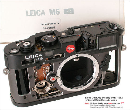 Leica M6 Cutaway Display Units, 1992 in showing interior structures, mechanism inside a classic Leica M6 camera body
