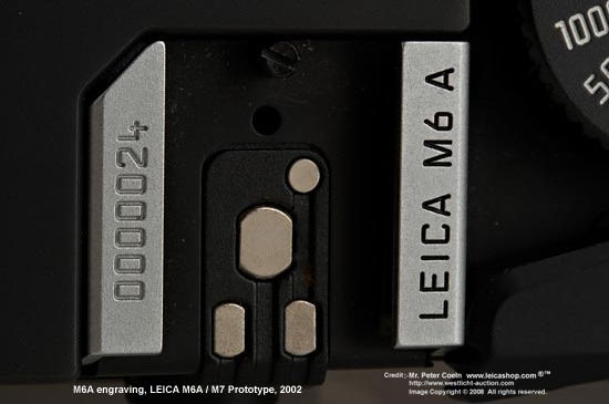 Engraving of LEICA M6A and special Serial Number on the  LEICA M6A / M7 Prototype model, 2002 auctioned by Leicashop