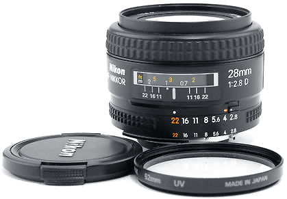 Nikon AF-Nikkor 28mm f/2.8D  side view with system accessories