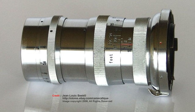 Side lens barrel of a chrome Carl Zeiss JENA Sonnar 1:4 f=13.5cm (135mm f/4.0) medium telephoto lens