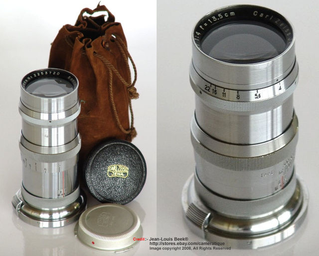Original Carl Zeiss JENA Sonnar 1:4 f=13.5cm (135mm f/4.0) medium telephoto lens with lans cap, rear cap and case