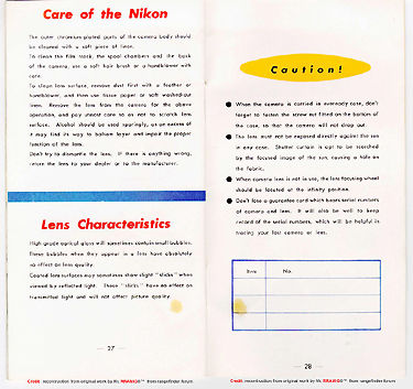 Instruction Manual Nikon S2, Page 27/28 lens characteristic and importnat notes on camera maintenance
