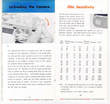 Instruction Manual Nikon S2, Page 17/18 unloading film from camera and film sensitivity guide