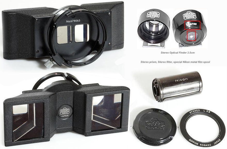 Nikon (Nippon Kogaku Japan) rangefinder Stereo-Nikkor 1:3.5 f=3.5cm wideangle lens with stereo Optical finder, Stereo prism, Stereo UV filter and other accessories