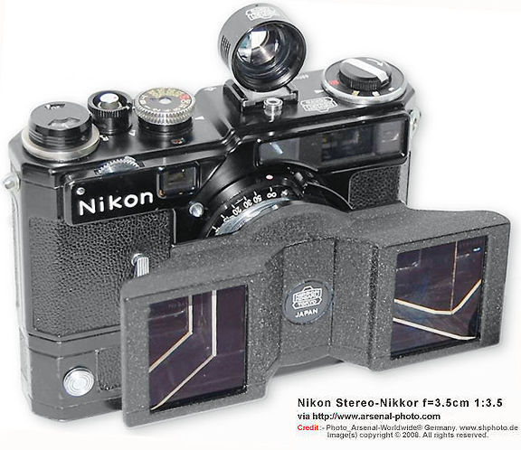 Nikon (Nippon Kogaku Japan) rangefinder Stereo-Nikkor 1:3.5 f=3.5cm wideangle lens with a Nikon SP black with stereo-finder and prism 