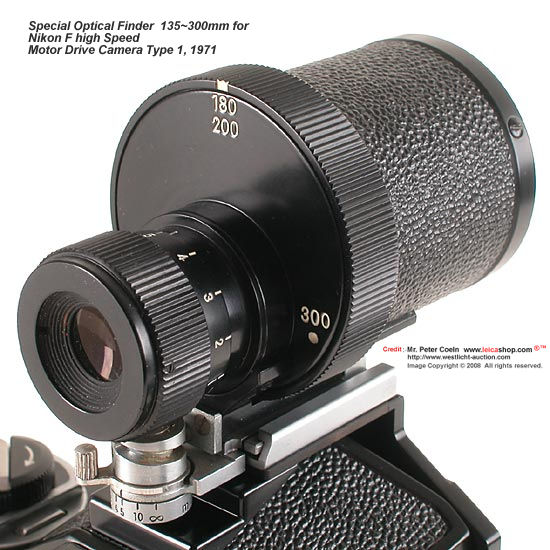 The special optical zoom finder catersfor 135mm ~300mm lenses designed for the Nikon F high Speed Motor Drive camera