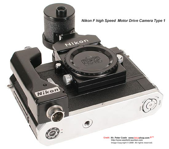 Fabulous view of a collectible set , the Nikon F High Speed Motor Drive Camera, 1971