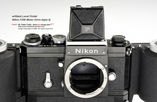Front view of a Nikon F black body w/waist-level finder, F250 motor drive  